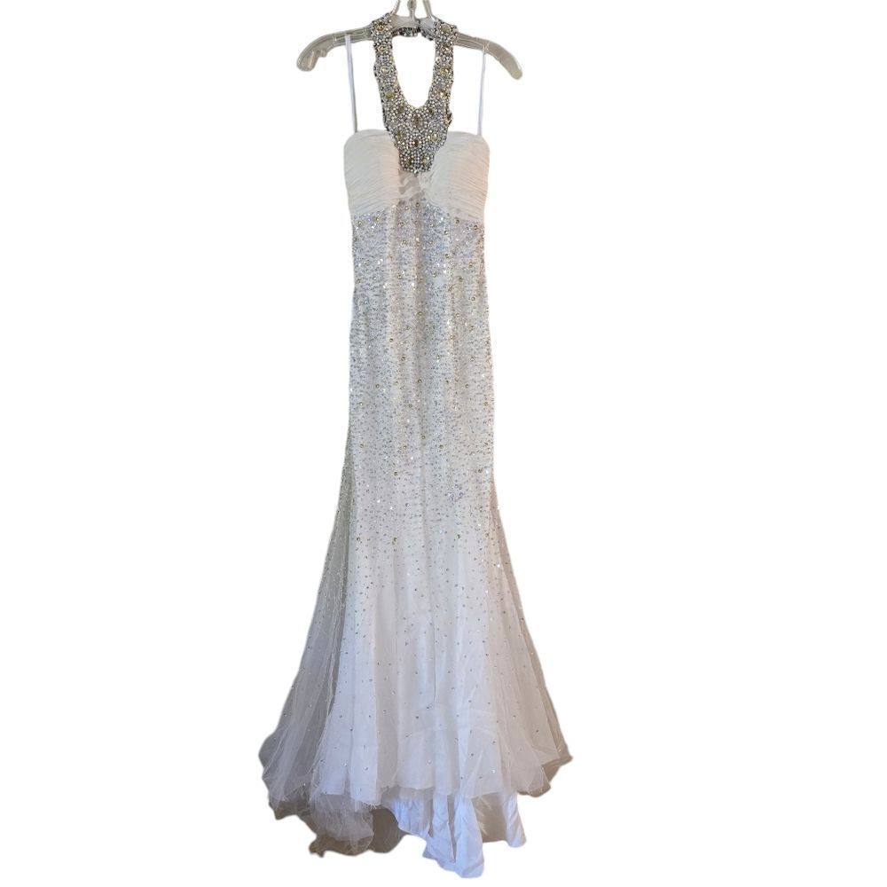 Jovani White Maxi Dress with Silver Accents